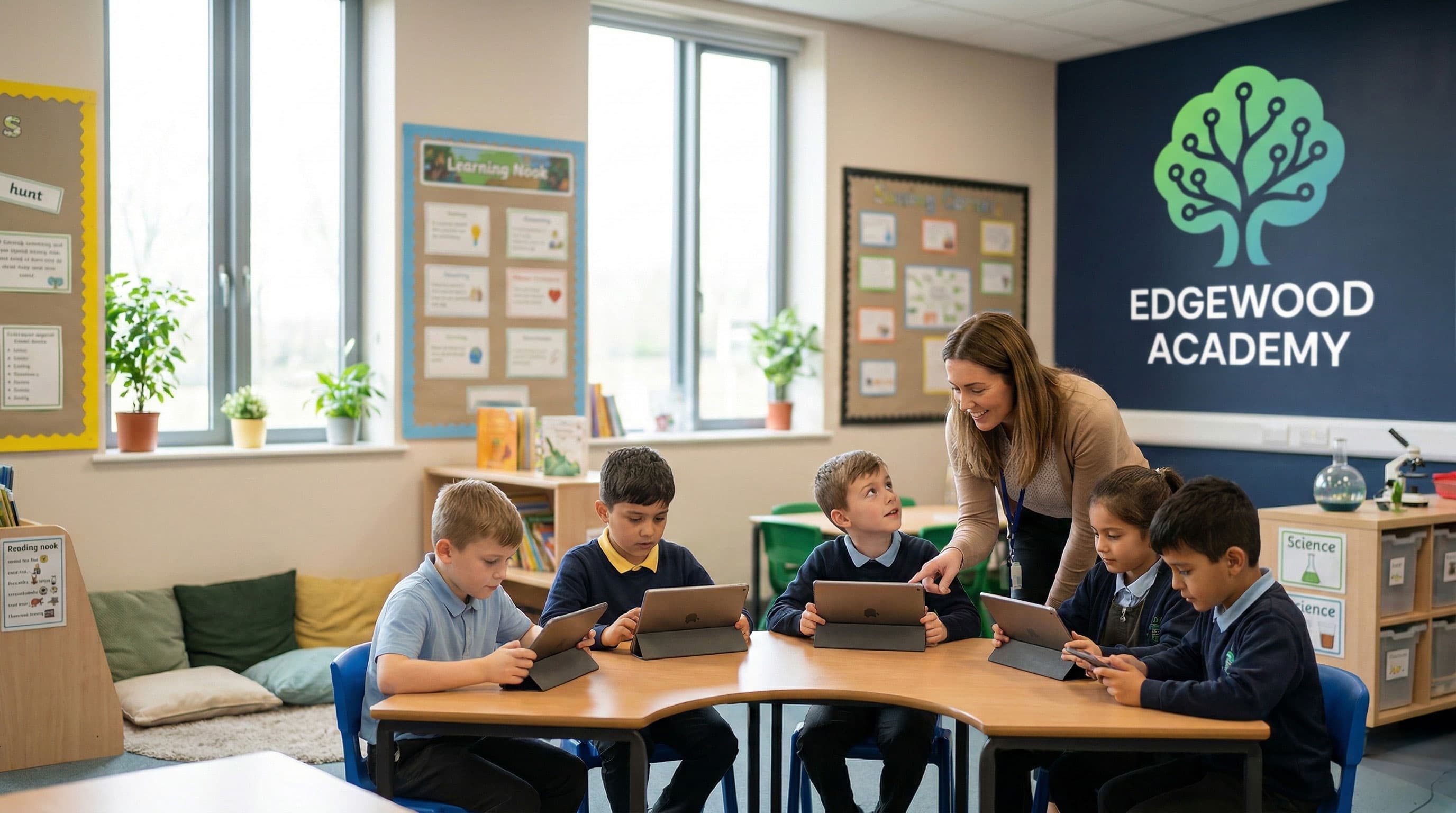 Children learning with iPads in an Edgewood Academy classroom